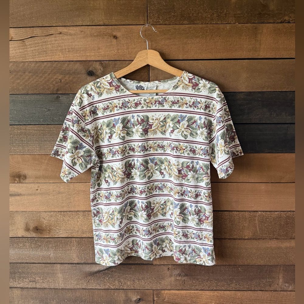 Vintage Floral Stripe Cottagecore Tee Cream Green Cotton Top 90s